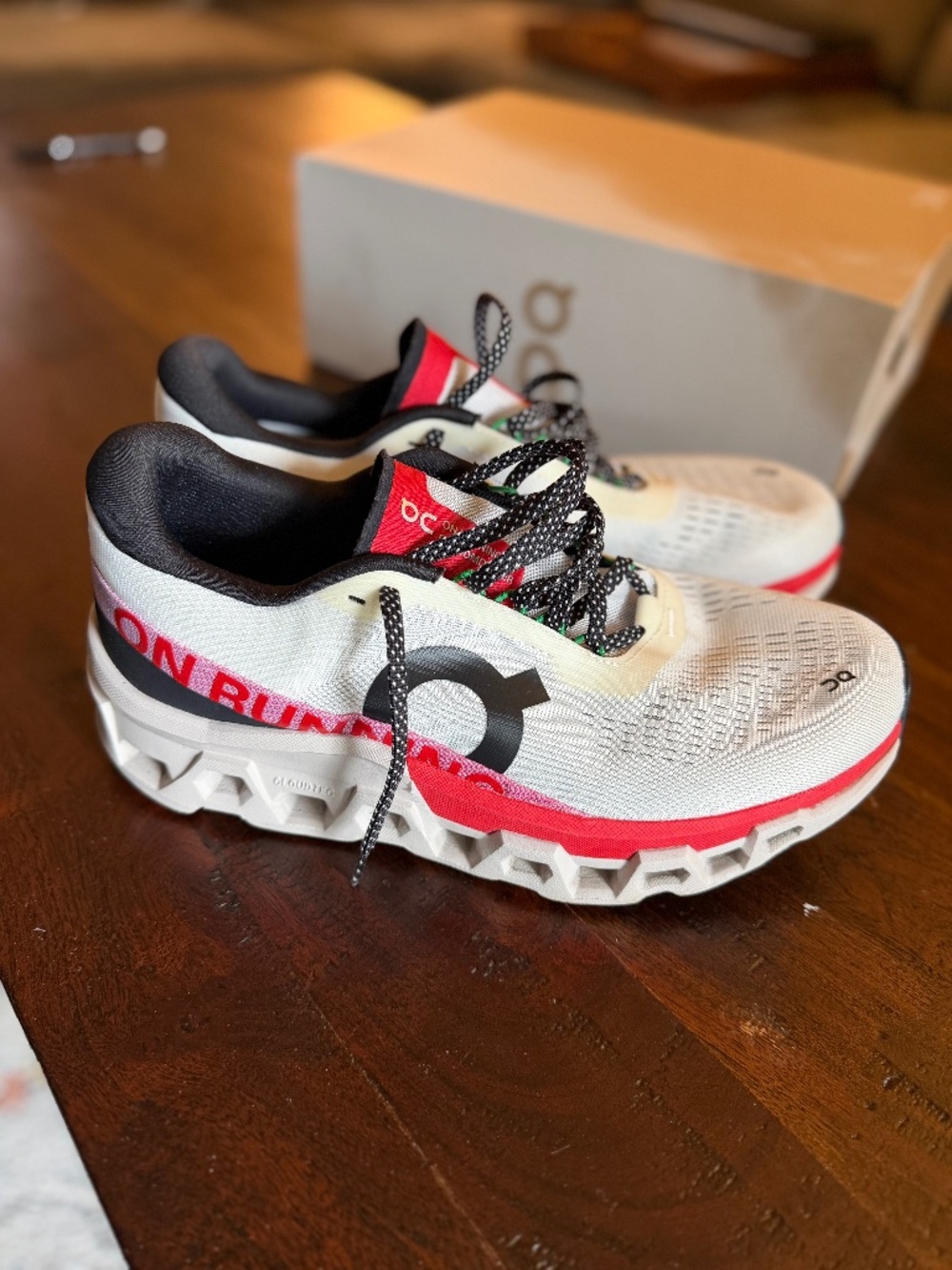 On Running Cloudmonster 2 in Ivory and Red Women's 11W